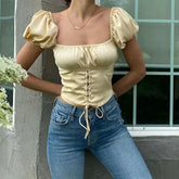 Square Neck Lace-up Pleated Blouse